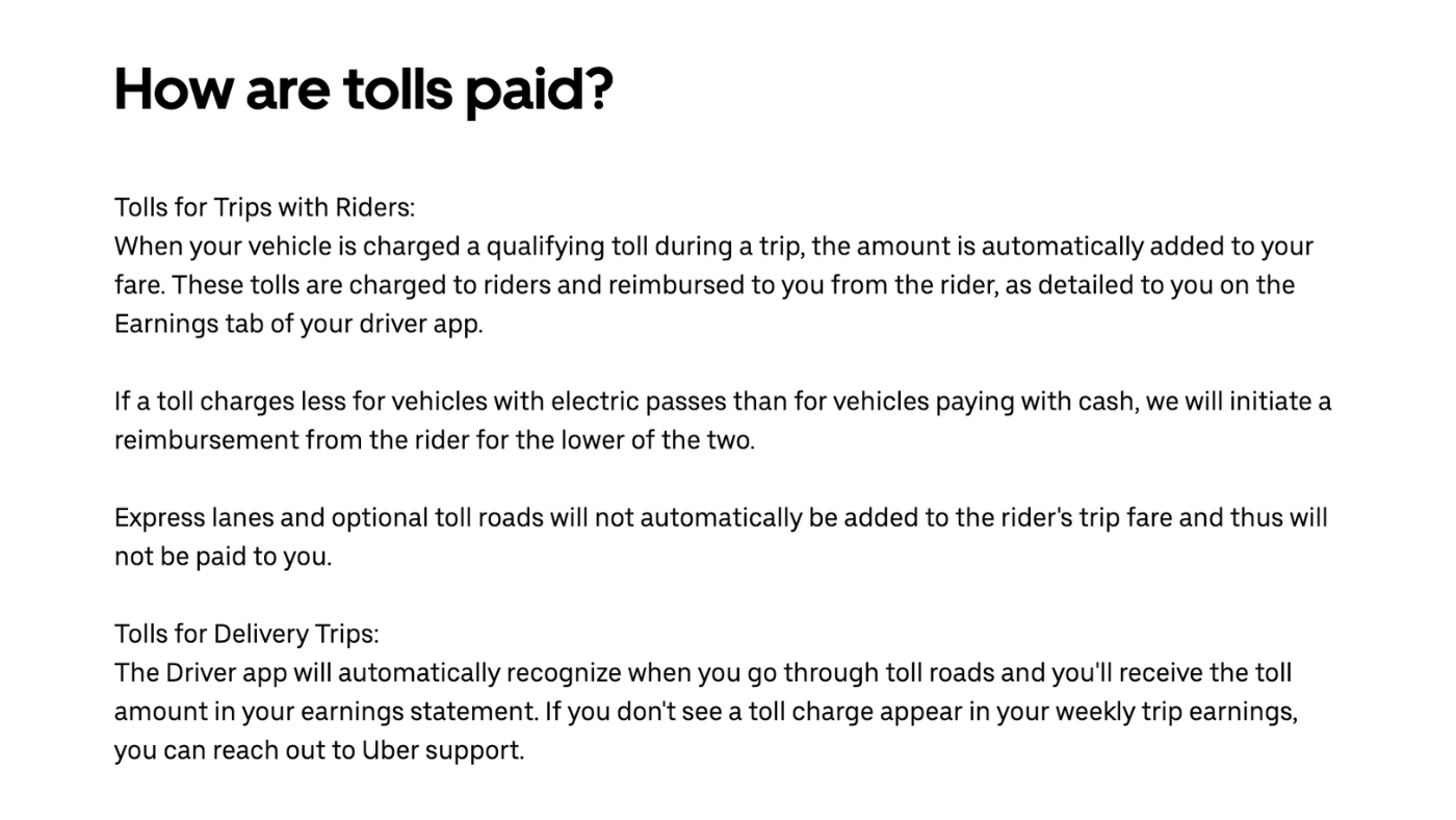 What is Uber's policy on tolls